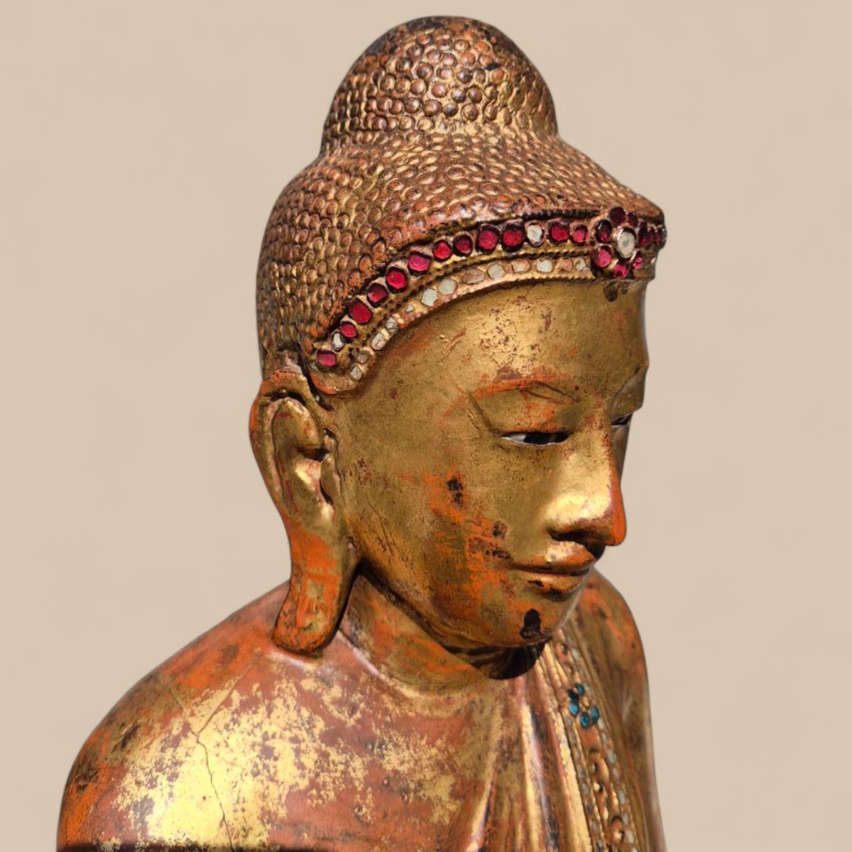 Buddha In Gilded Wood With Stone Inlays – Early 20th Century, Burma-photo-1