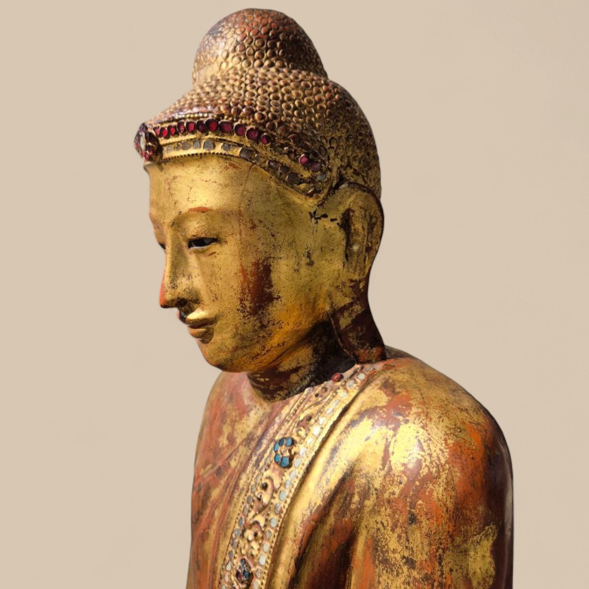 Buddha In Gilded Wood With Stone Inlays – Early 20th Century, Burma-photo-7