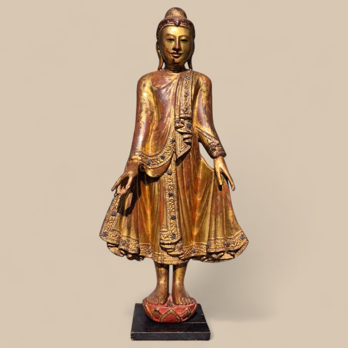 Buddha In Gilded Wood With Stone Inlays – Early 20th Century, Burma