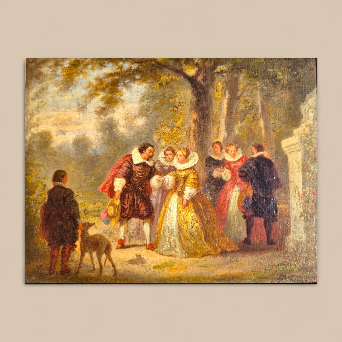 Peinture romantique miniature à l'huile sur bois, 19ème siècle, signée P. Faure-photo-2