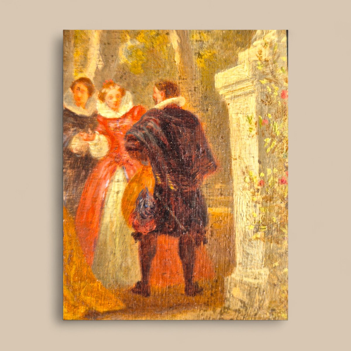 Peinture romantique miniature à l'huile sur bois, 19ème siècle, signée P. Faure-photo-2