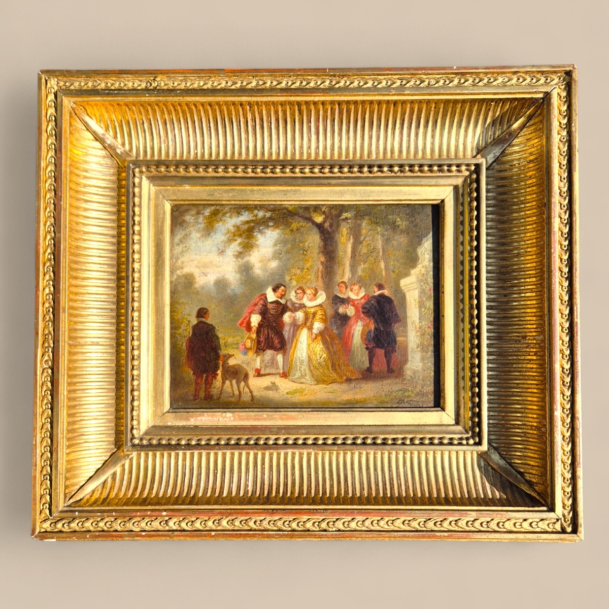 Peinture romantique miniature à l'huile sur bois, 19ème siècle, signée P. Faure
