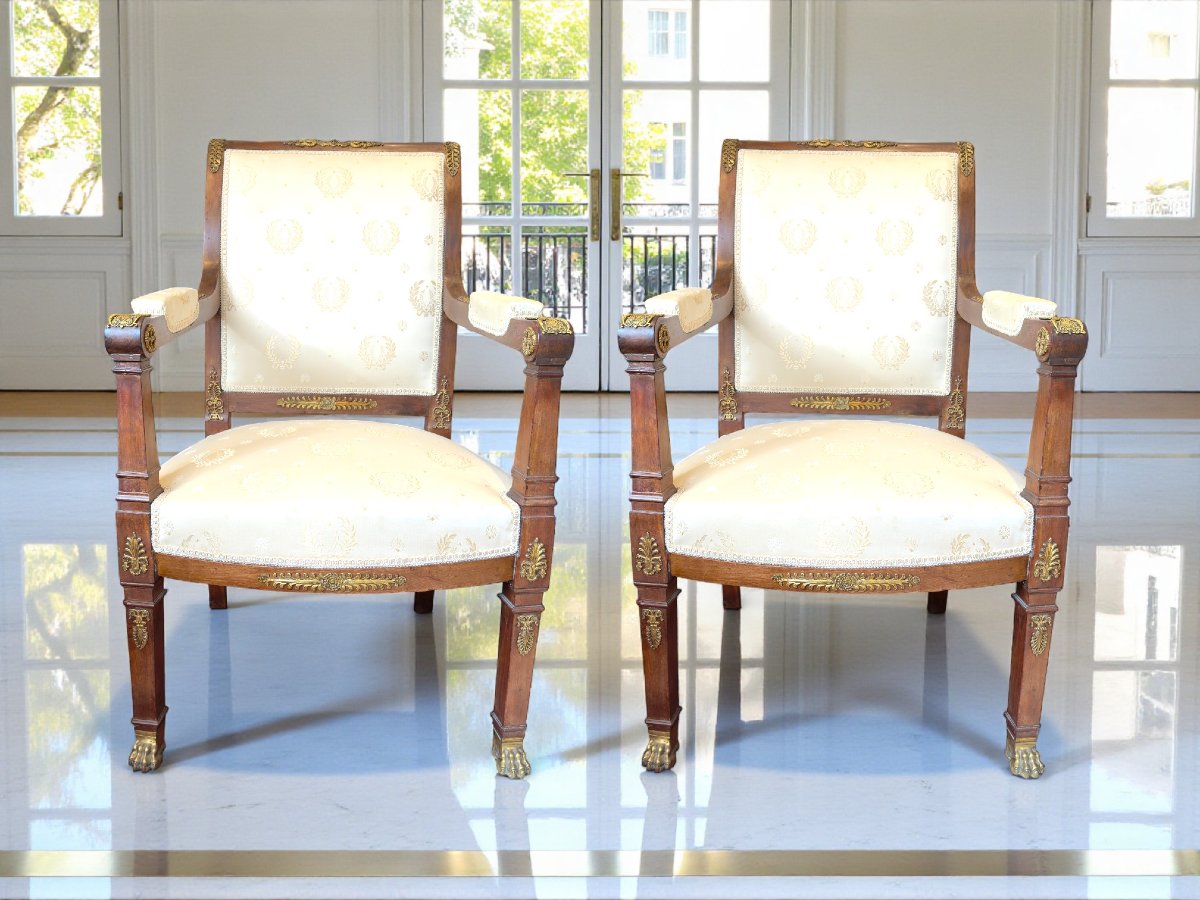 Pair Of French Empire Period Armchairs With Gilt Bronze Mounts, Circa 1810-photo-2