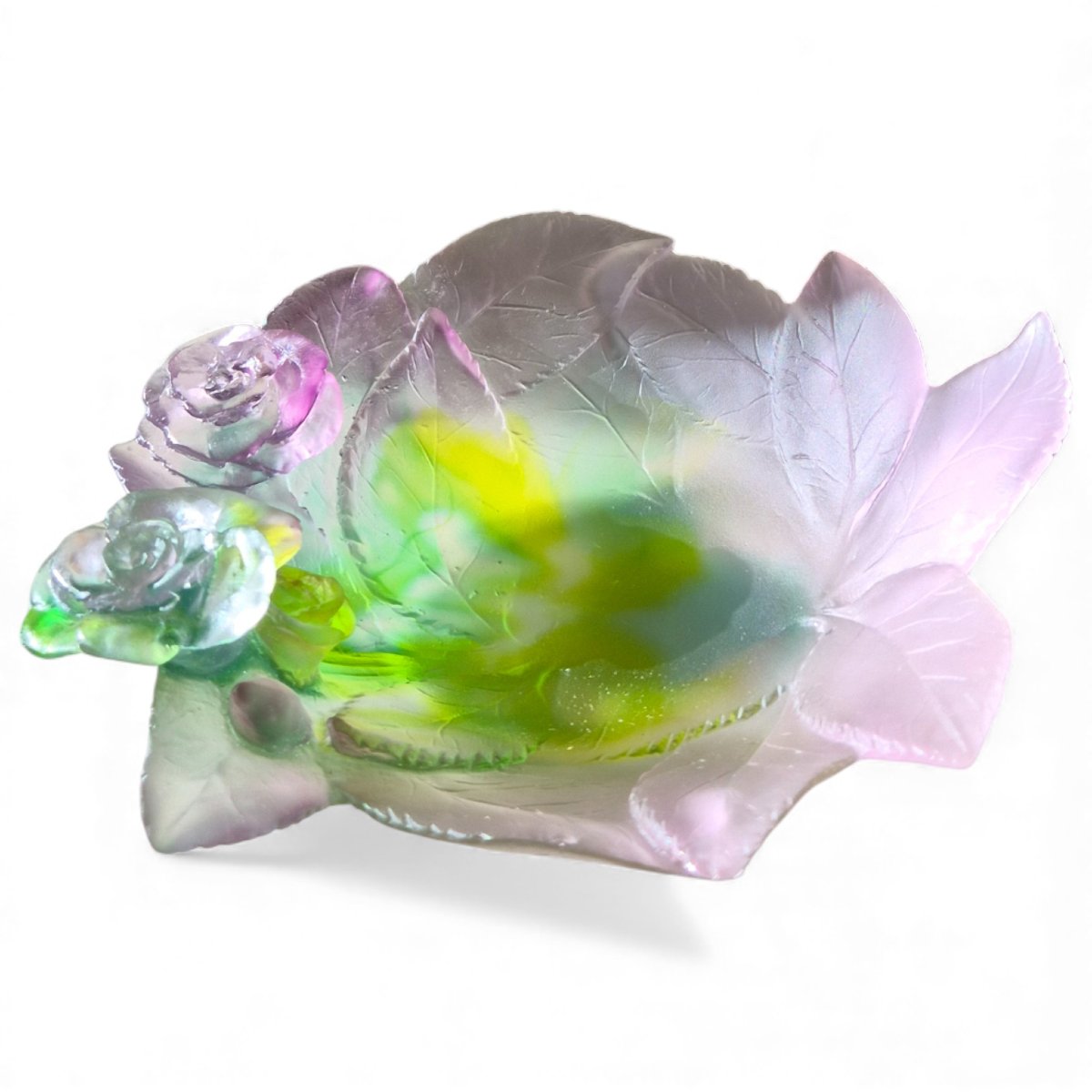 “roses” Trinket Tray By Daum – Pate De Verre, Mauve And Green Tones-photo-3
