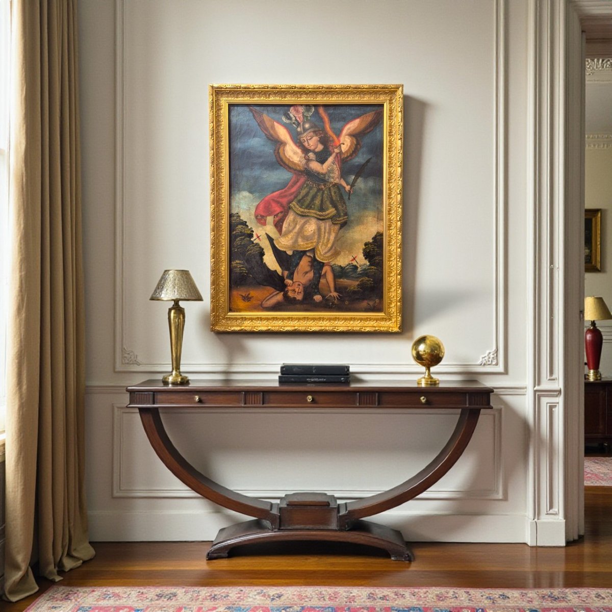 Saint Michael Slaying The Demon, Oil Painting On Canvas, 18th Century-photo-2