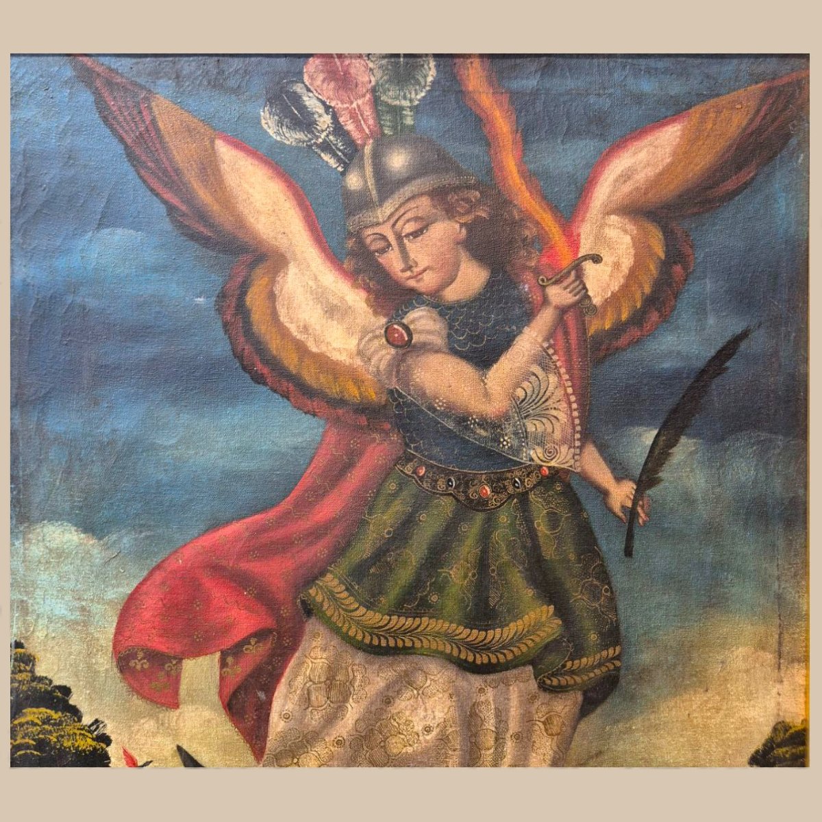 Saint Michael Slaying The Demon, Oil Painting On Canvas, 18th Century-photo-3