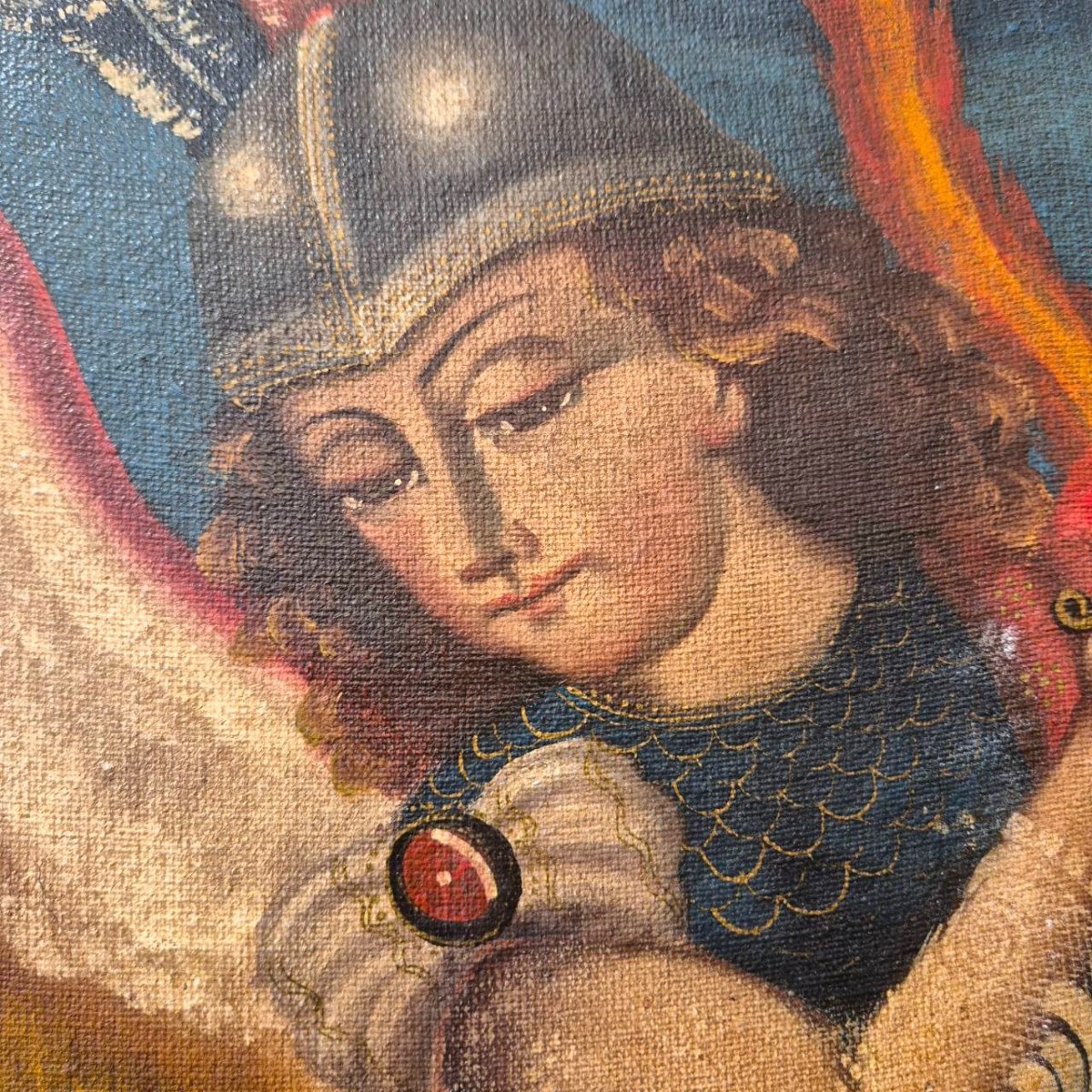 Saint Michael Slaying The Demon, Oil Painting On Canvas, 18th Century-photo-6