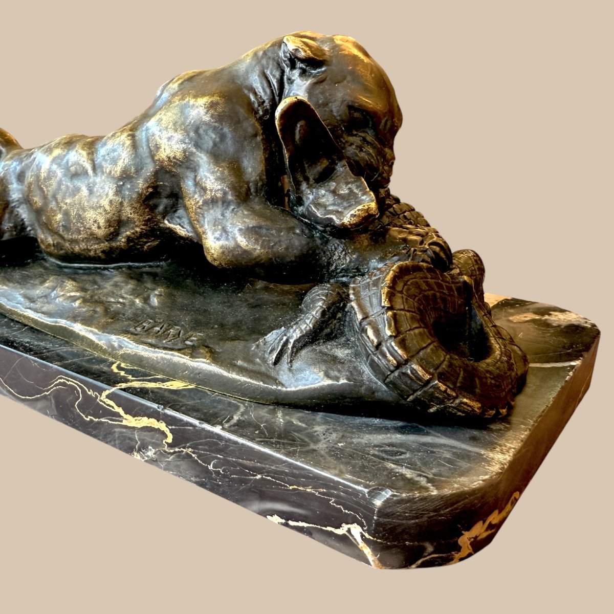 'panther And Caiman' After Barye, Patinated Bronze And Portoro Marble – France, 19th Century-photo-2