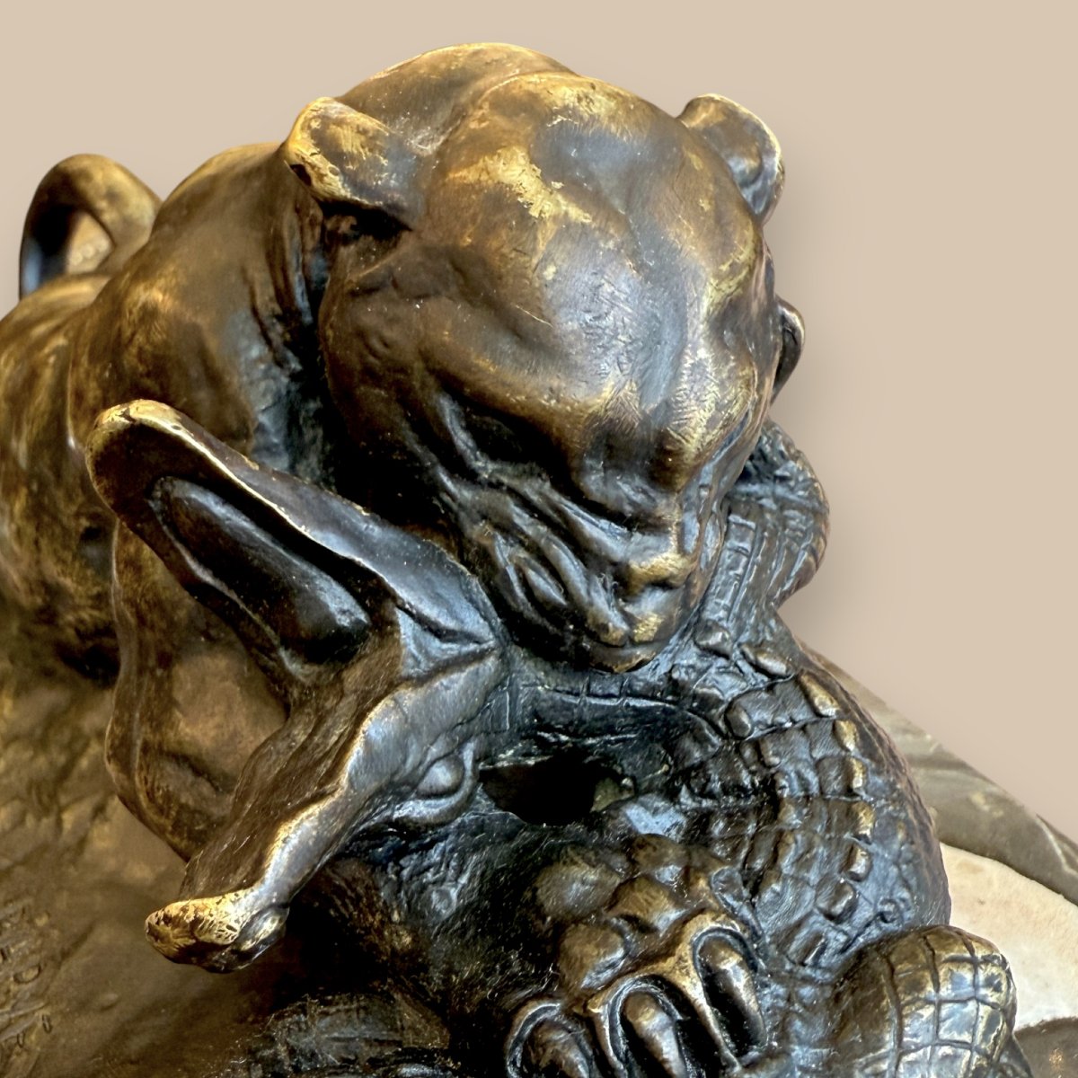 'panther And Caiman' After Barye, Patinated Bronze And Portoro Marble – France, 19th Century-photo-6