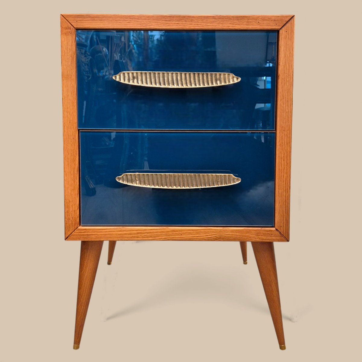 Paire de bout de canapé en verre turquoise de Murano, poignées en laiton, années 1960/1970-photo-1