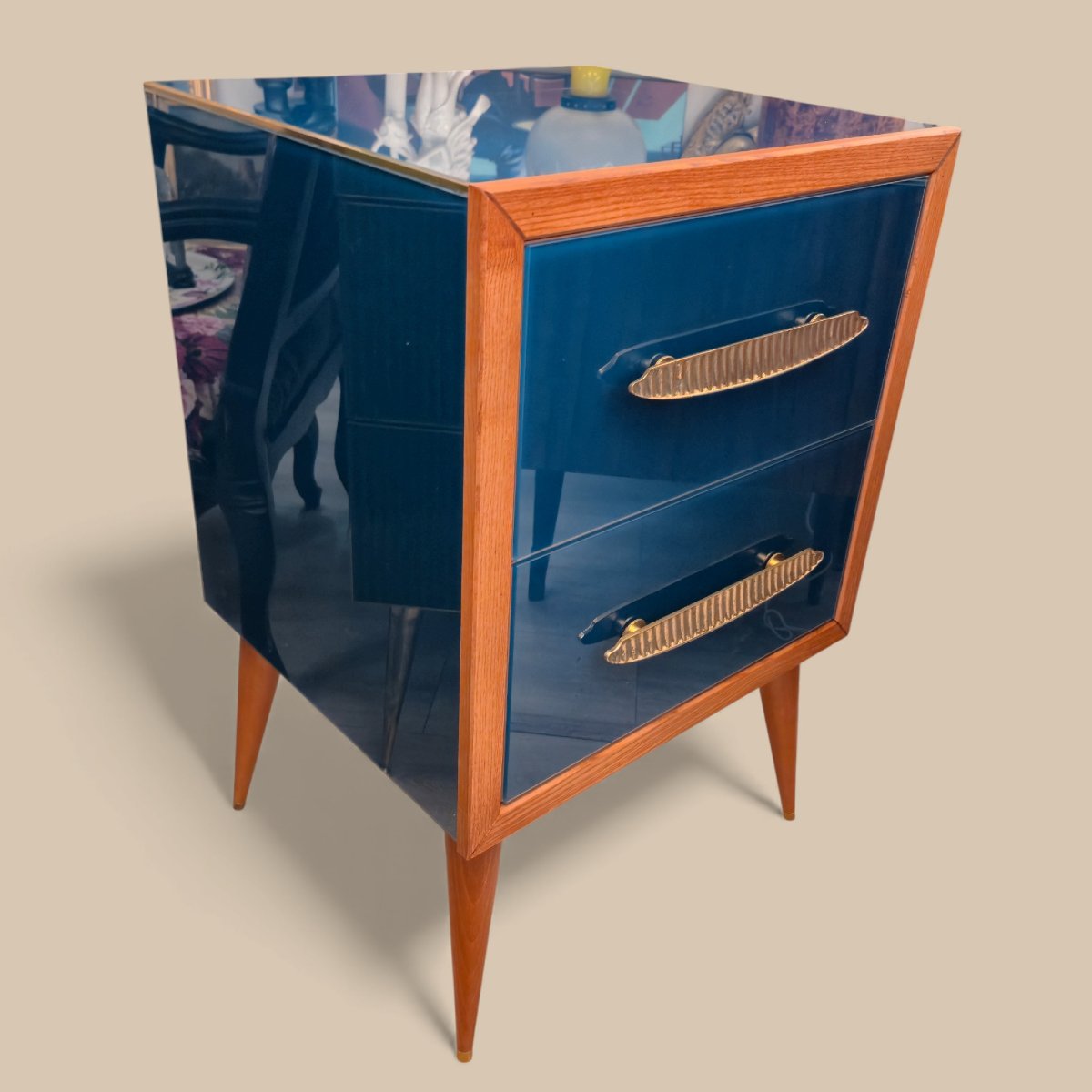 Paire de bout de canapé en verre turquoise de Murano, poignées en laiton, années 1960/1970-photo-7