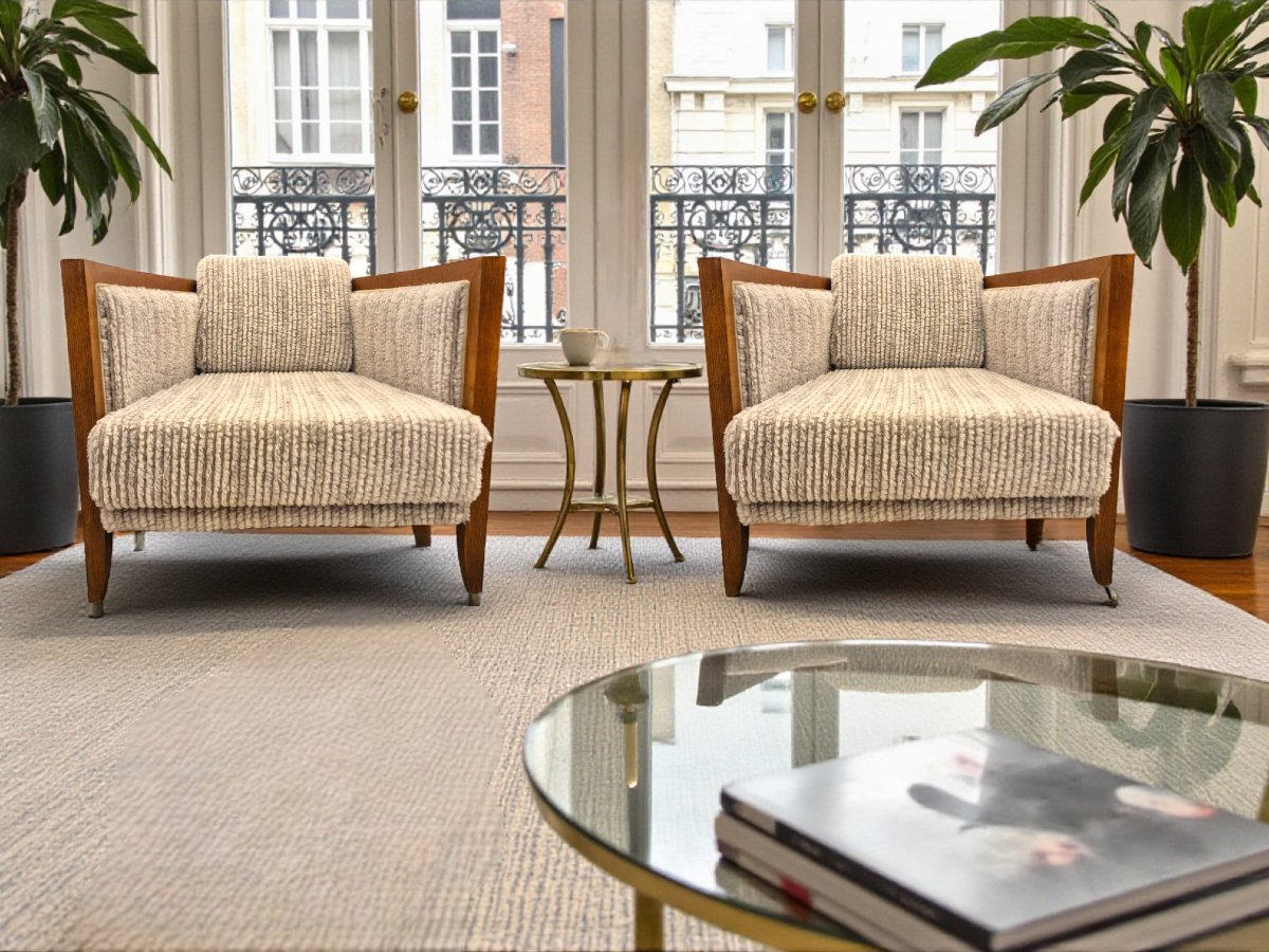 Pair Of Italian Art Deco Armchairs From The 1970s, Newly Reupholstered-photo-4