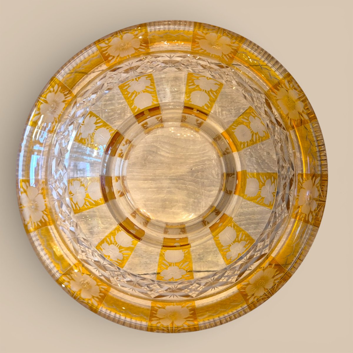 Coupe ancienne en cristal doublé ambre à décor fleuri– Époque victorienne, 19ème siècle-photo-2