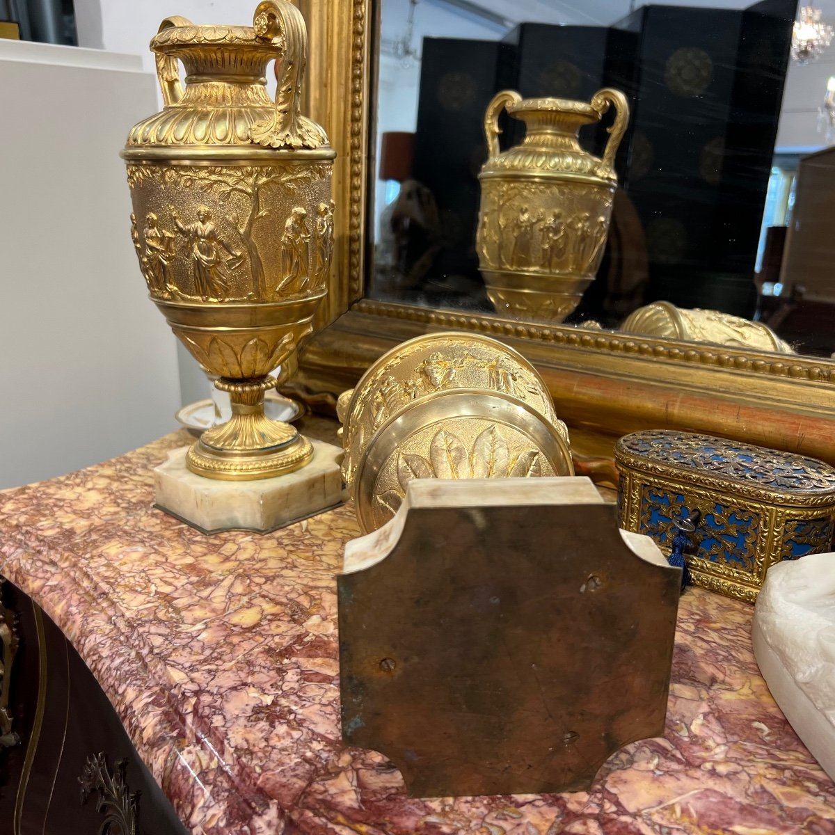 Pair Of Large Antique Gilt Bronze Vases, 19th Century-photo-1