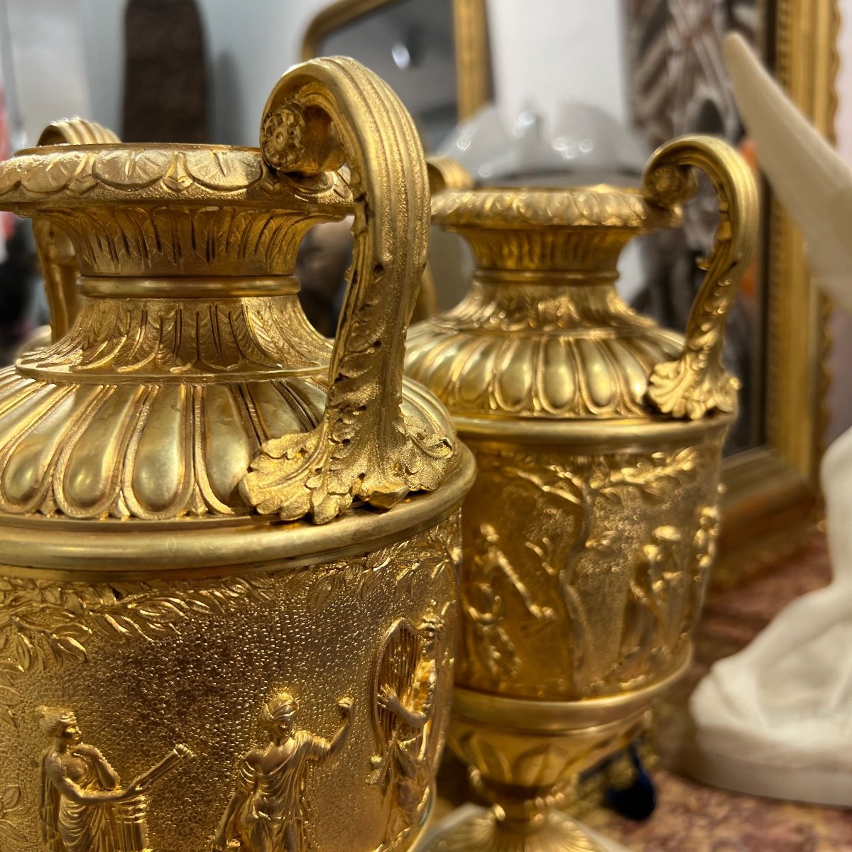 Paire De Grand Vases à L Antique En Bronze Doré, 19eme Siecle-photo-2