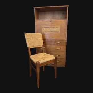 Meuble Secrétaire Avec Sa Chaise Du Designer Audoux Minnet, Année 50