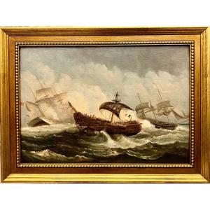 Marine Painting, Naval Battle 19th Century 