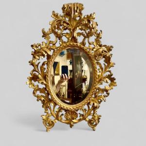 Miroir Baroque En Bois Sculpté Et Doré, Italie 19eme Siècle 