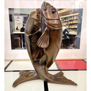 Two Intertwined Carps, Patinated Bronze, Edouard Marcel Sandoz, Circa 1920