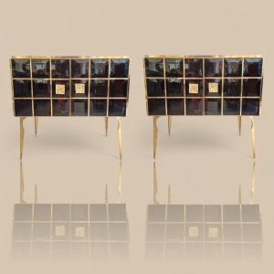 Paire de consoles en verre de Murano noir facetté et laiton doré, vers 1960/70