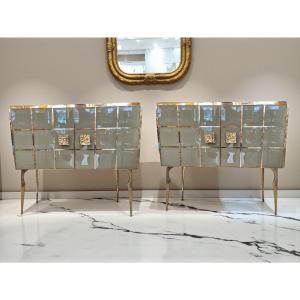 Pair Of Black And Celadon Green Faceted Murano Glass Console Tables, Gilded Brass, Circa 1960/70