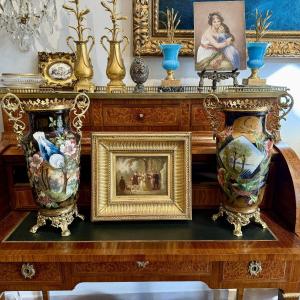 Paire de vases en céramique française peints à la main, signés R. Nault, vers 1890