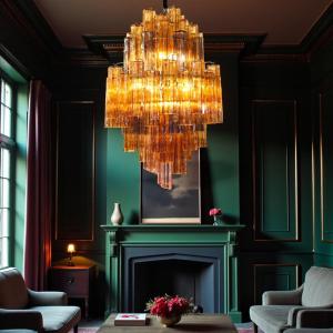 1970s Murano Chandelier In Orange Polylobed Glass – After Venini, Hollywood Regency Style