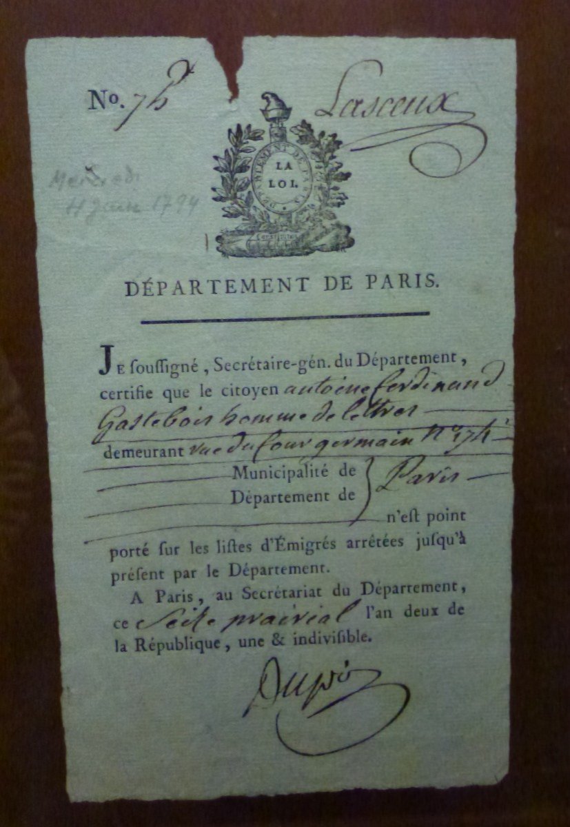 Révolution - "certificat d' Emigration" - 1794 - Document - Histoire - Collection ou cadeau