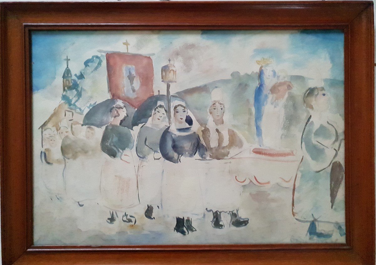 French Breton School - "pardon Procession" Watercolor - 20th Century. 