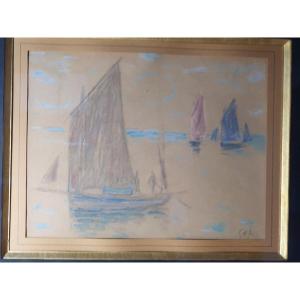 Georges d'Espagnat (1870-1950) - Pastel - "Voiliers aux trois couleurs"