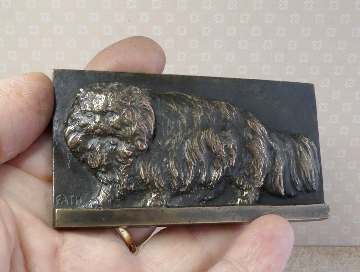 Persian Cat, 1930 Bronze Plaquette By Franch Sculptor Richard Fath-photo-2