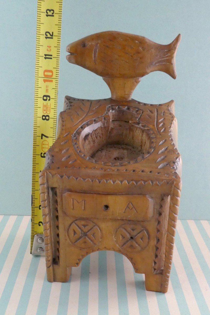 Porte Montre d'Un Fier Pêcheur, Bois Fruitier Sculpté, 19e Siècle-photo-2