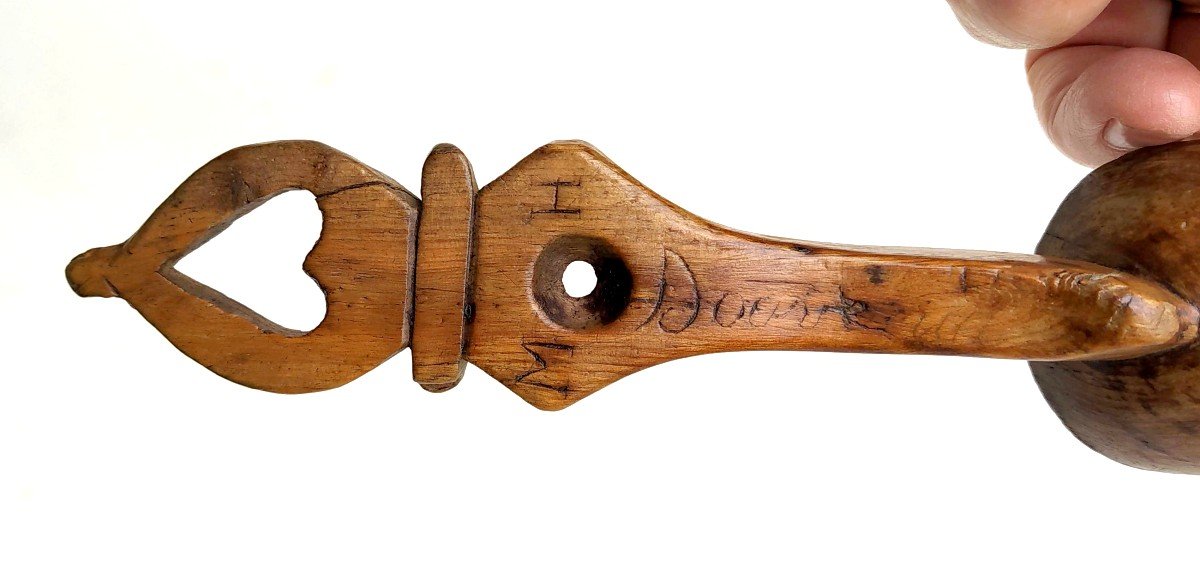 Amour Et Mariage, Cuillère Bois Sculpté, Patronymique et Datée 1901-photo-4