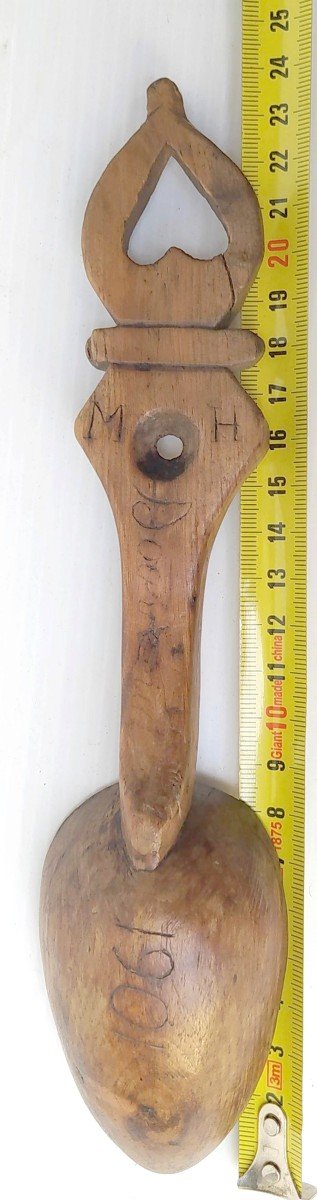 Love And Marriage, Carved Wood Primitive Spoon, Patronymic, Dated 1901-photo-1