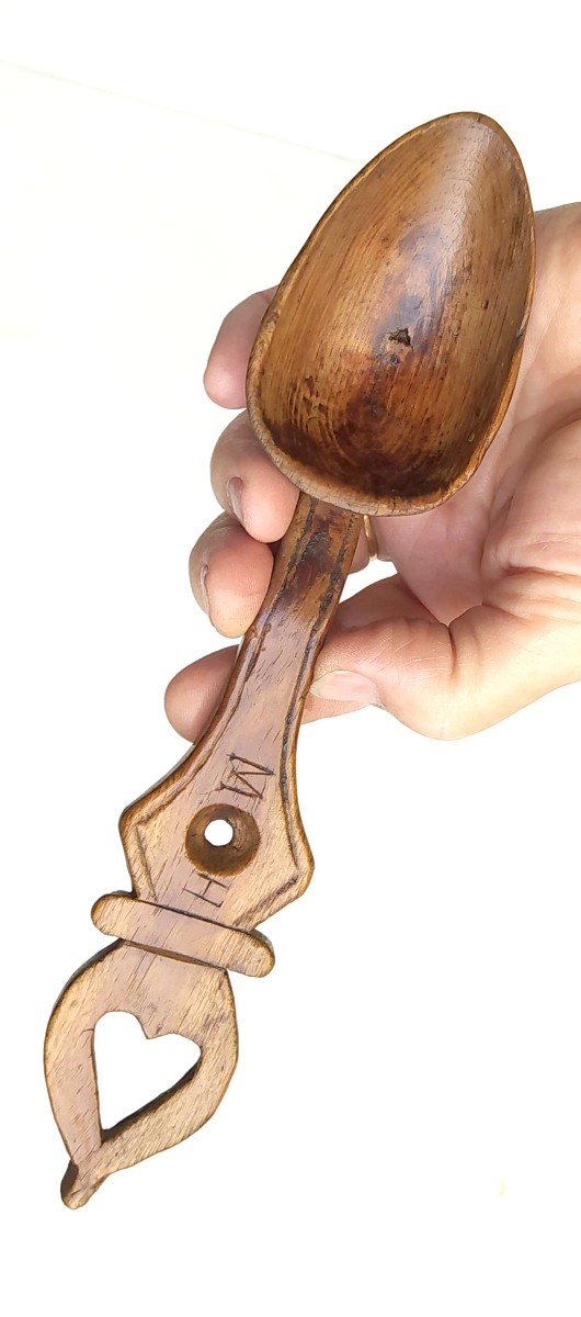 Amour Et Mariage, Cuillère Bois Sculpté, Patronymique et Datée 1901-photo-2