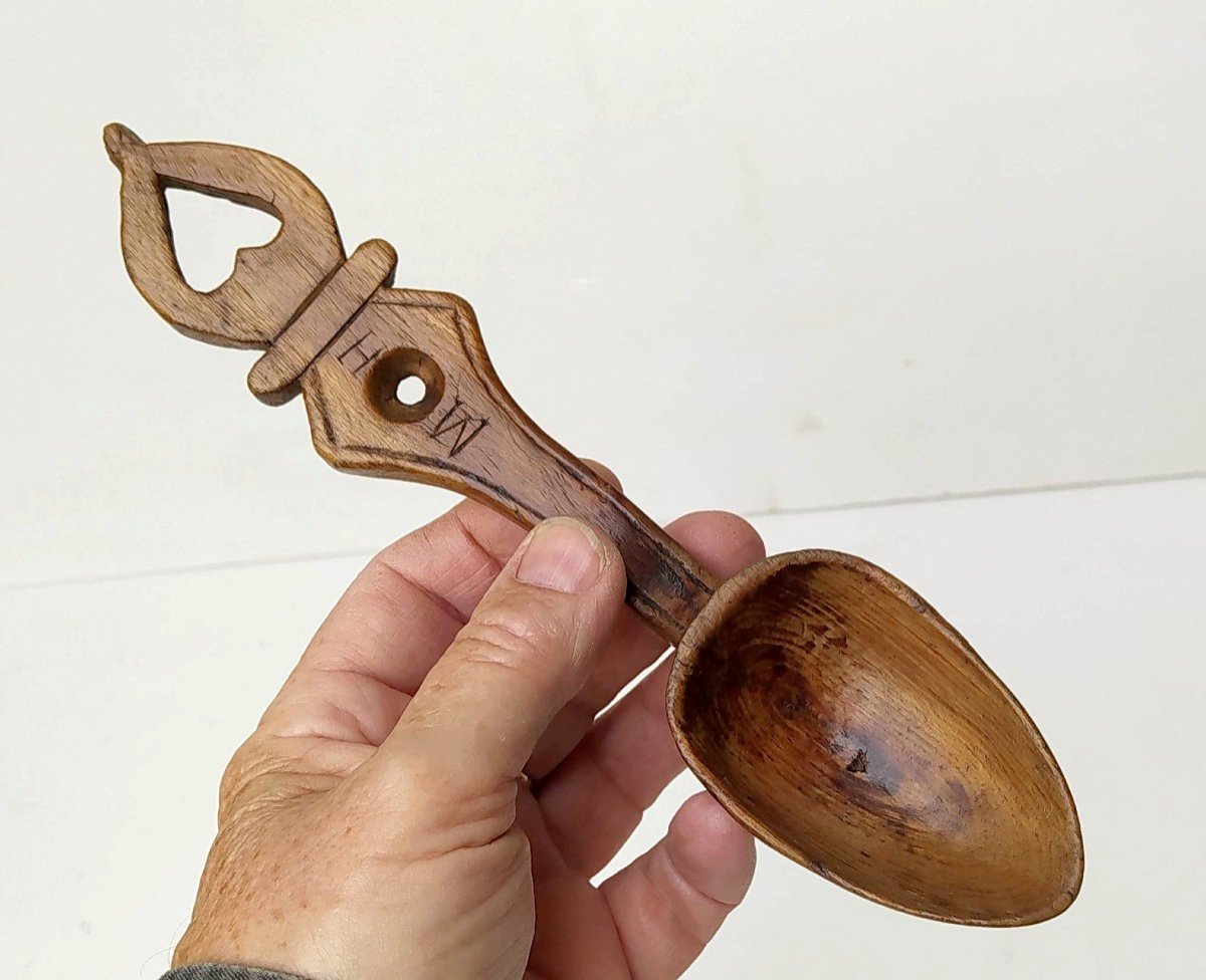 Amour Et Mariage, Cuillère Bois Sculpté, Patronymique et Datée 1901