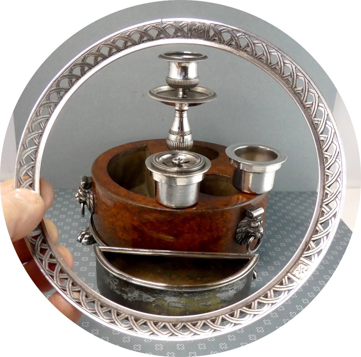 Ceremonial Inkwell, Amboyna Burl, Silvered Bronze, Second Empire-photo-3