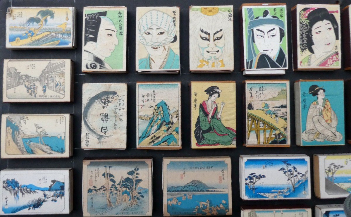 Japanese Art, 68 Matchboxes With Mini Woodblocks, Circa 1960-photo-2