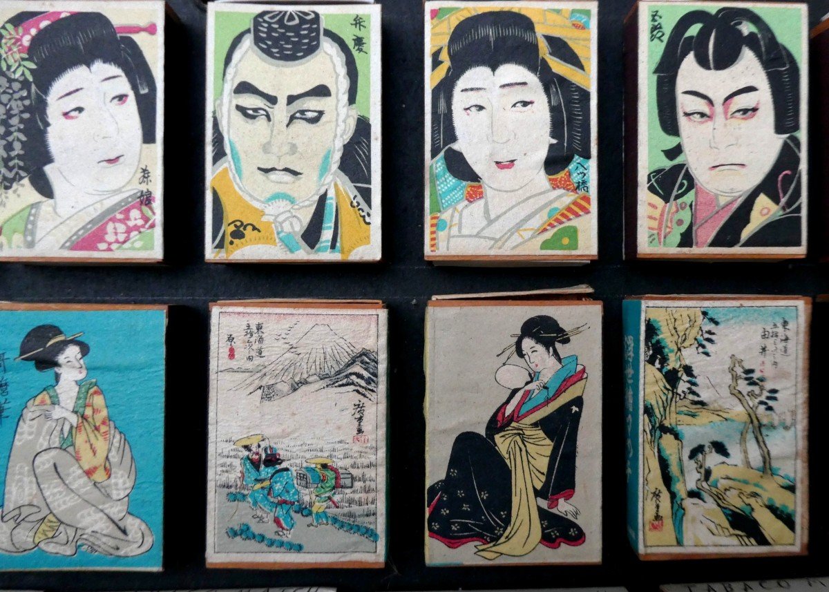 Japanese Art, 68 Matchboxes With Mini Woodblocks, Circa 1960-photo-2