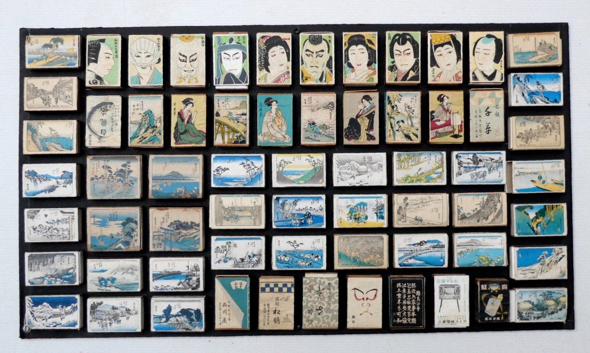 Japanese Art, 68 Matchboxes With Mini Woodblocks, Circa 1960