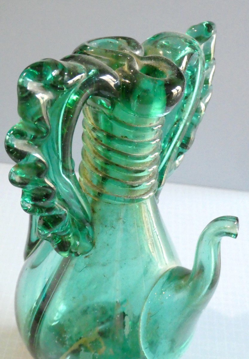 Double Cruet, Emerald Blown-spun Glass, Primitive, Catalonia-photo-3