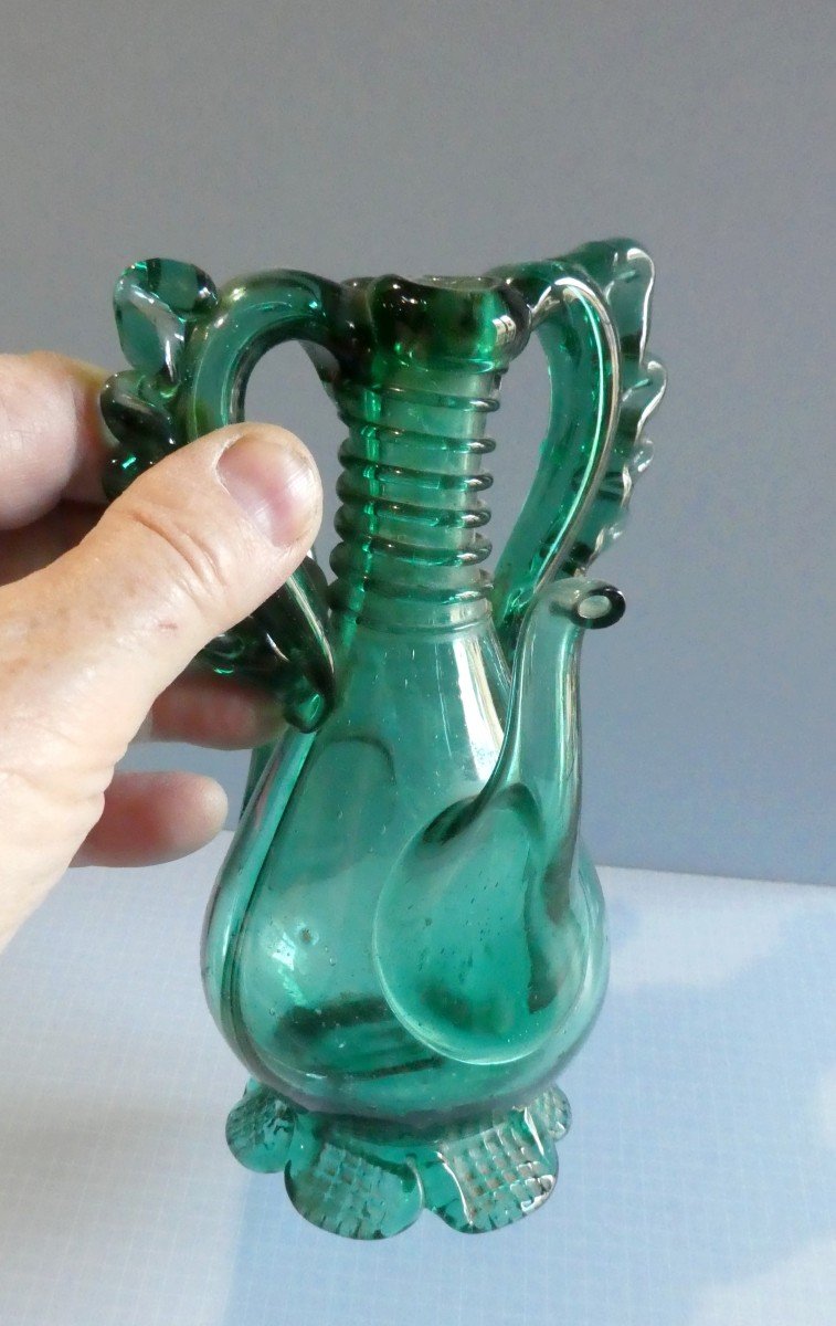 Double Cruet, Emerald Blown-spun Glass, Primitive, Catalonia
