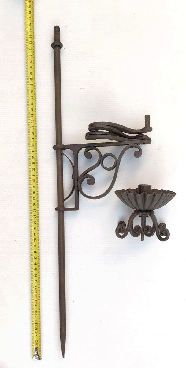 18th Century Artisan Candlestick, Rare Wrought Iron Leaflet Model-photo-2