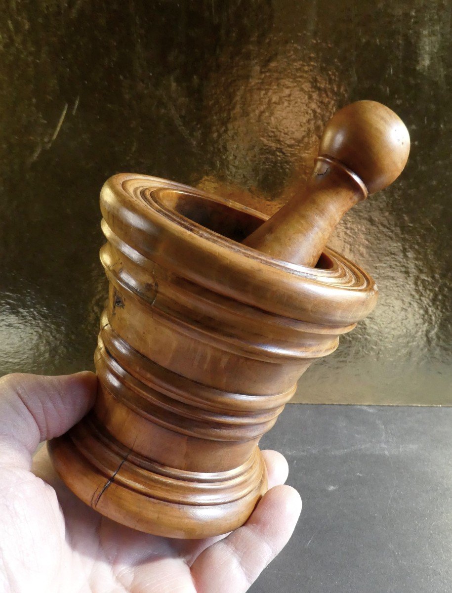 Treen: Louis XIII  Boxwood Turned Mortar , With  Pestle Circa 1660