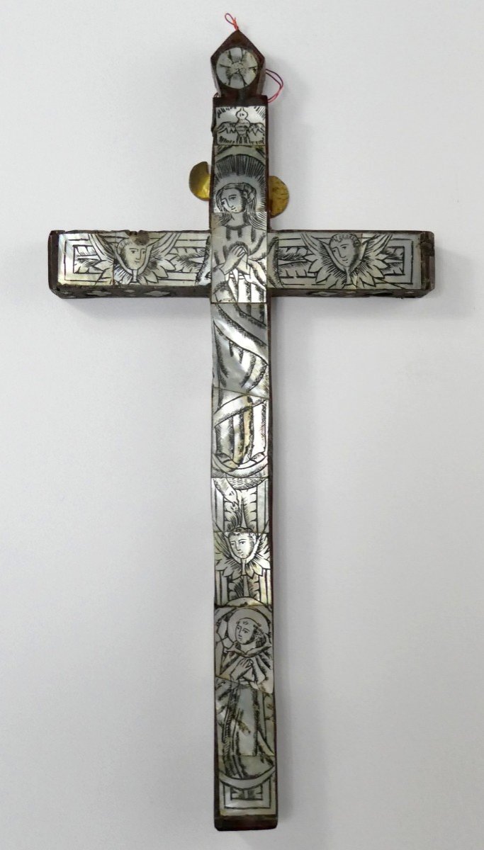 Croix De Jérusalem, Olivier Plaqué De Nacre Gavée, Toutes Faces, 18e Siècle-photo-2
