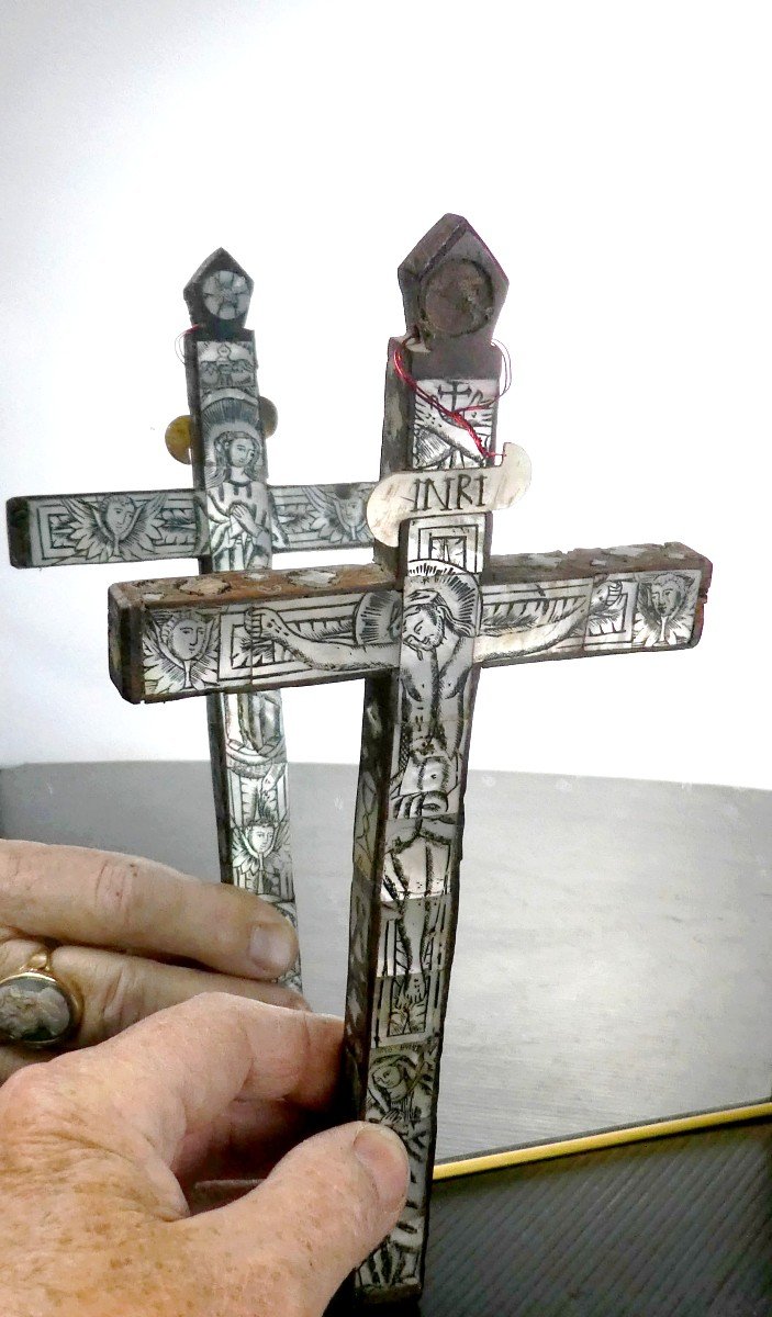 Croix De Jérusalem, Olivier Plaqué De Nacre Gavée, Toutes Faces, 18e Siècle