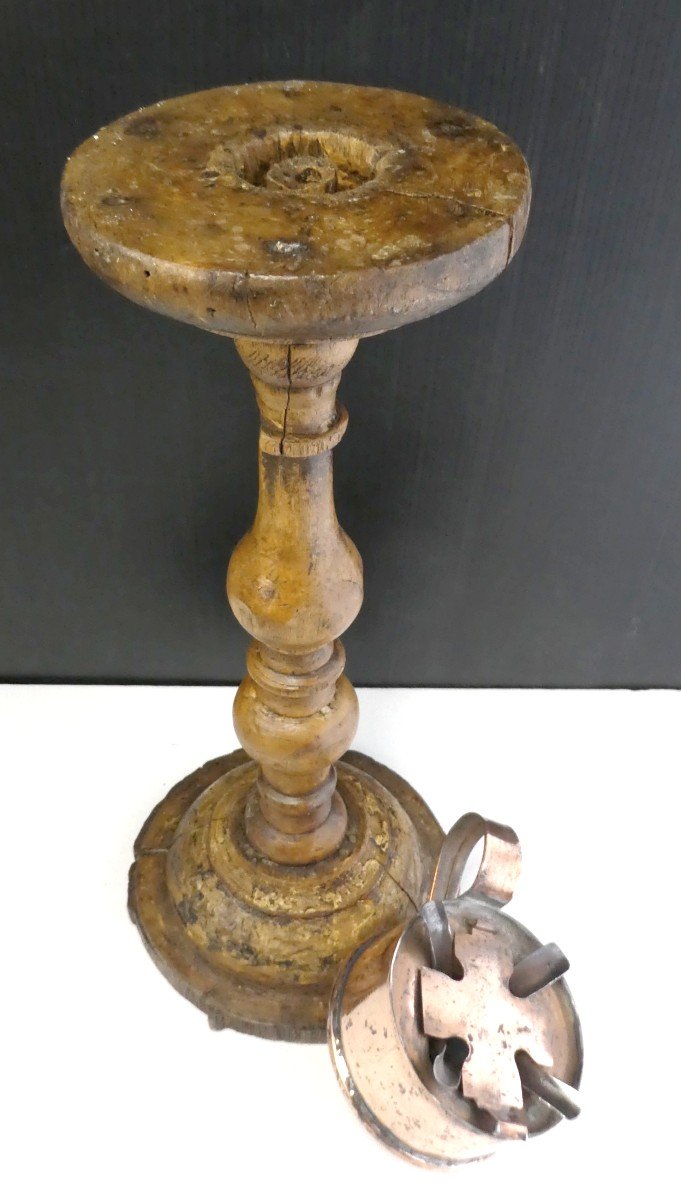 Lampe à Huile Cuivre 4 Becs, Pied Bois, Art Manuel Du 19e Siècle-photo-2