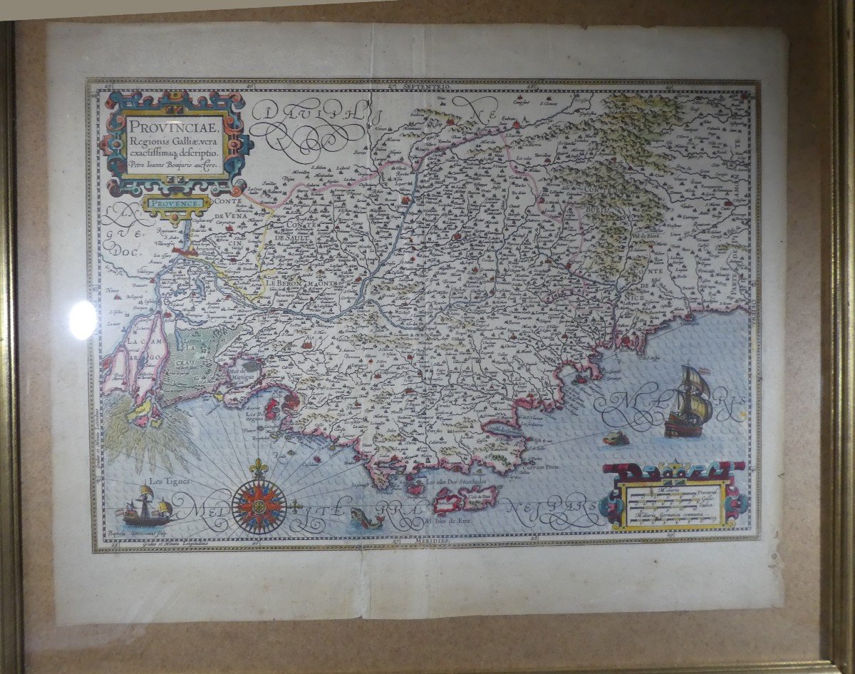 Map Of Provence, Period Colors, 1606/13, Under Glass, Good Condition-photo-3