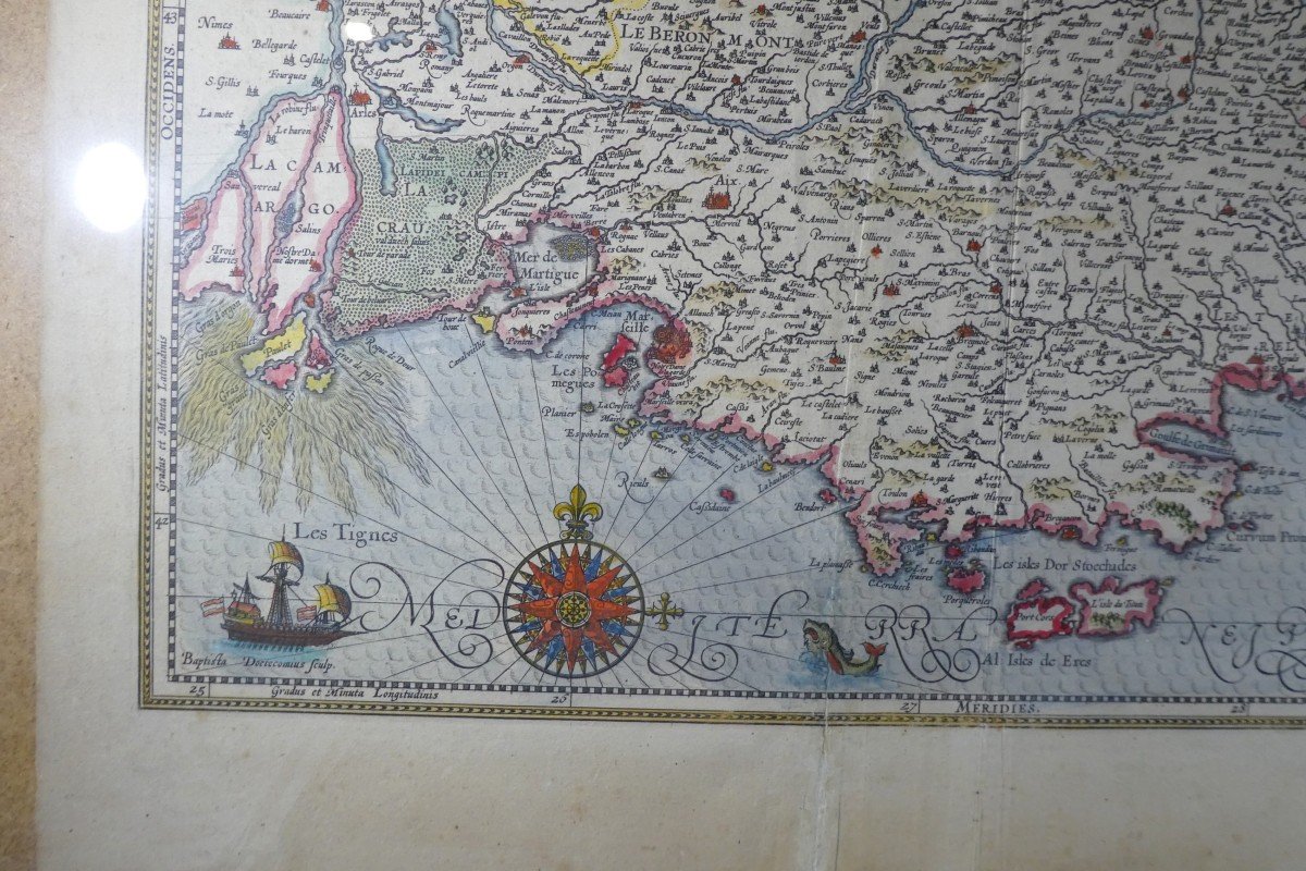 Map Of Provence, Period Colors, 1606/13, Under Glass, Good Condition-photo-1
