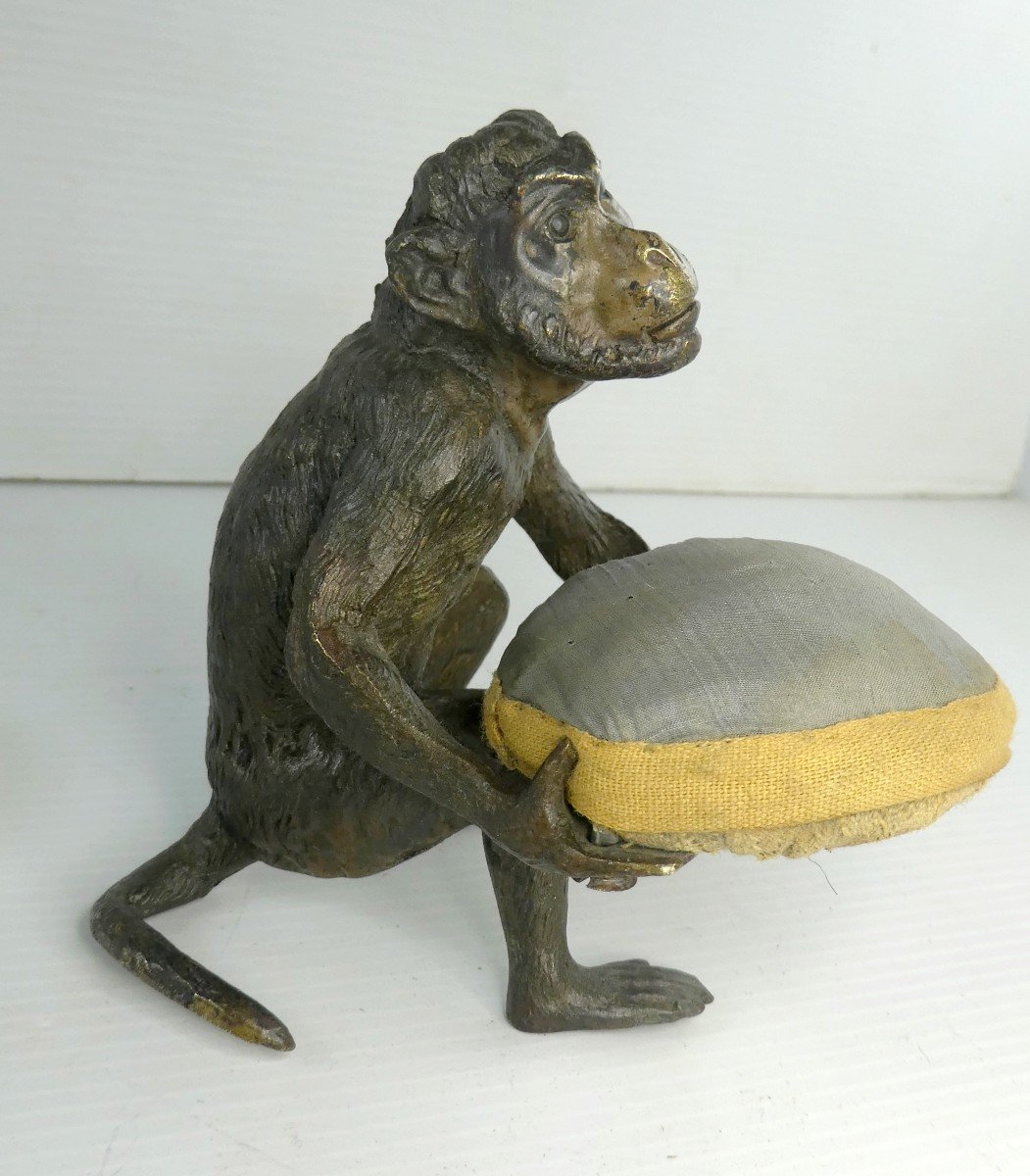 Painted Vienna Bronze Monkey, Marked, 19th Century Carrying Pin-cushion